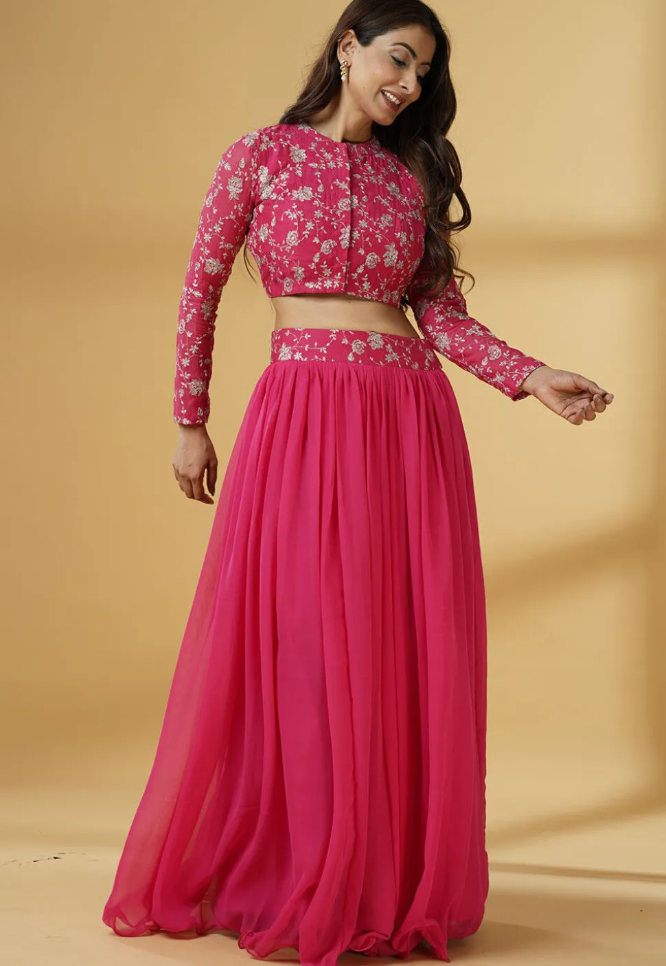 Embroidered Chanderi Cotton Crop Top Set in Fuchsia