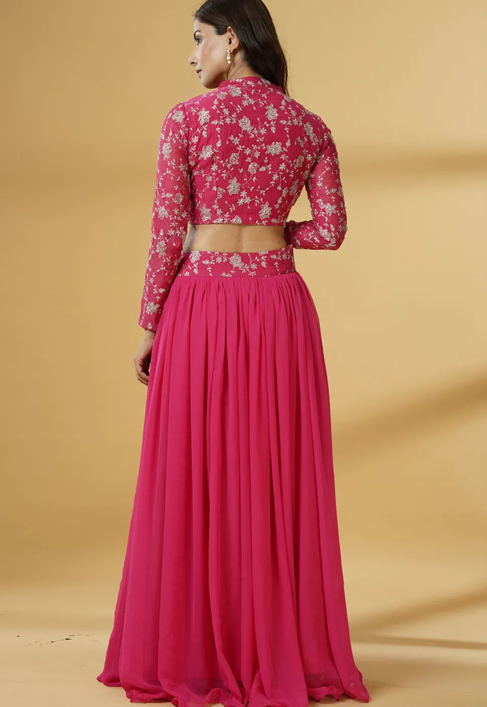 Embroidered Chanderi Cotton Crop Top Set in Fuchsia