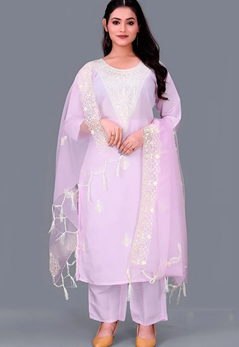 Embroidered Chanderi Cotton Pakistani Suit in Light Purple