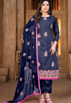 Embroidered Chanderi Cotton Pakistani Suit in Navy Blue
