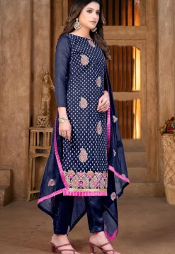 Embroidered Chanderi Cotton Pakistani Suit in Navy Blue