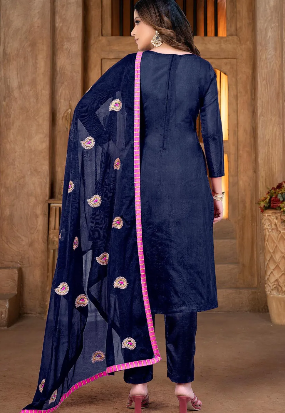 Embroidered Chanderi Cotton Pakistani Suit in Navy Blue