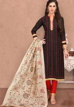 Embroidered Chanderi Cotton Straight Suit in Black