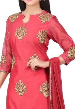 Embroidered Chanderi Cotton Straight Suit in Coral Red
