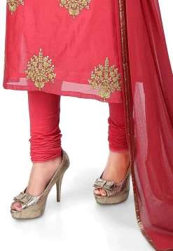 Embroidered Chanderi Cotton Straight Suit in Coral Red