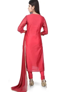 Embroidered Chanderi Cotton Straight Suit in Coral Red
