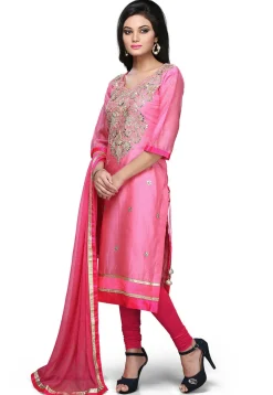 Embroidered Chanderi Cotton Straight Cut Suit In Pink