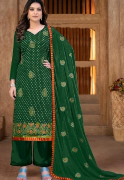 Embroidered Chanderi Cotton Pakistani Suit in Dark Green