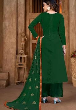 Embroidered Chanderi Cotton Pakistani Suit in Dark Green