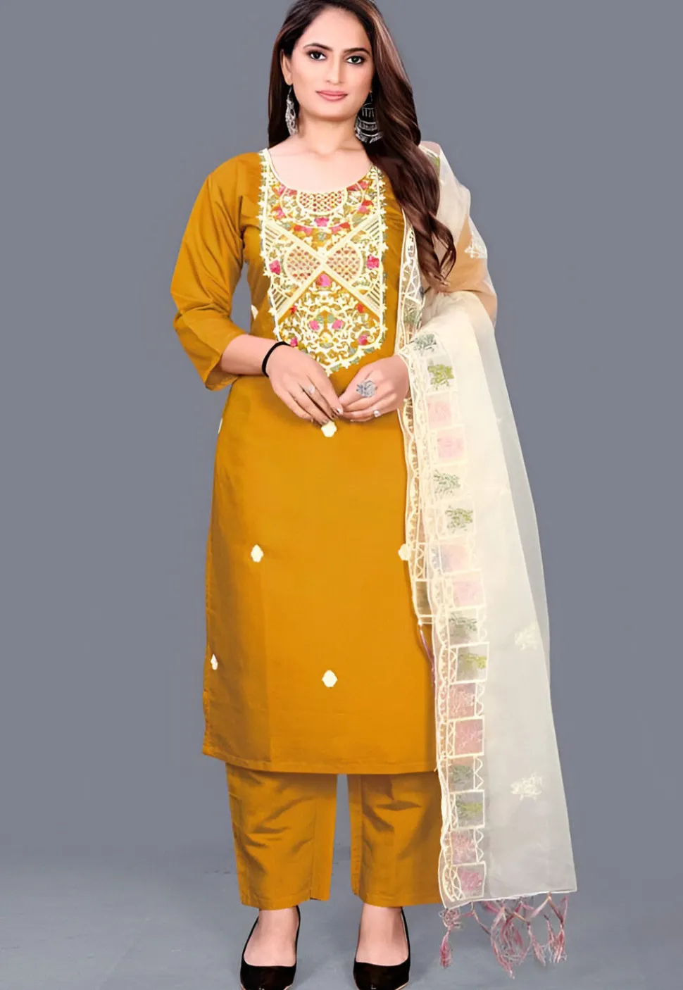 Embroidered Chanderi Cotton Pakistani Suit in Mustard