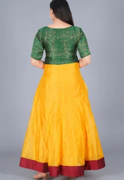Embroidered Chanderi Cotton Abaya Style Suit in Green and Mustard