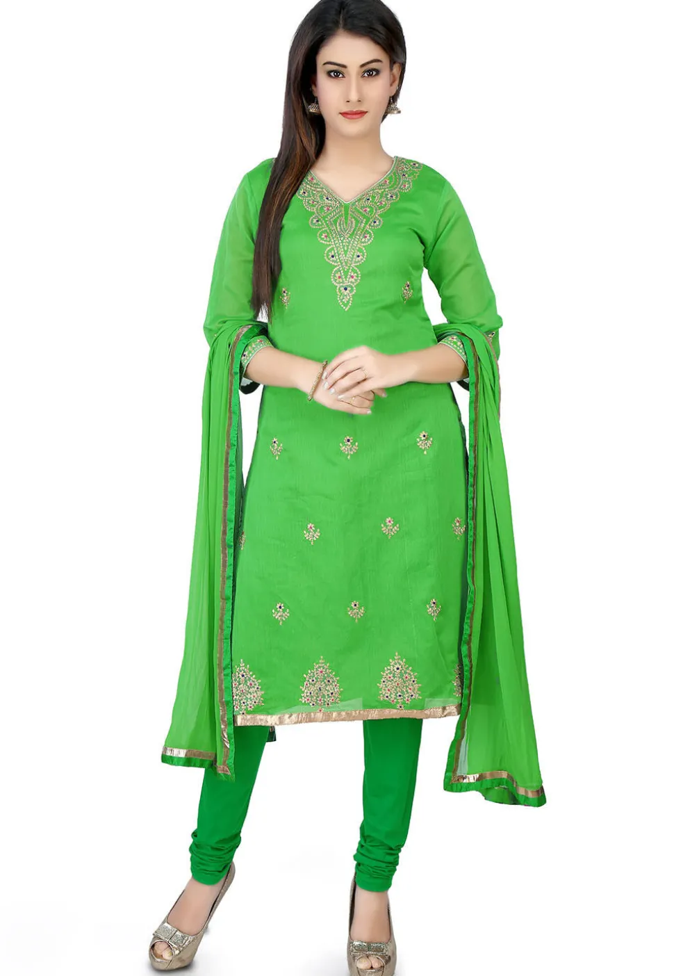 Embroidered Chanderi Cotton Straight Suit in Light Green