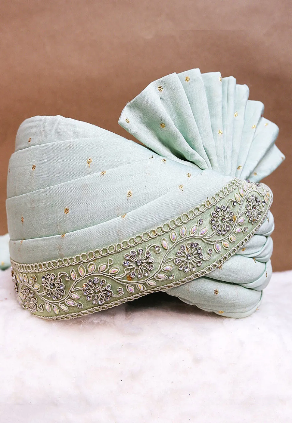 Embroidered Chanderi Cotton Jacquard Turban in Sea Green