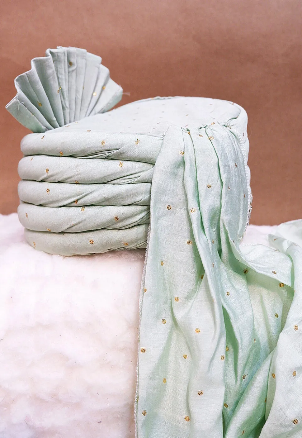 Embroidered Chanderi Cotton Jacquard Turban in Sea Green