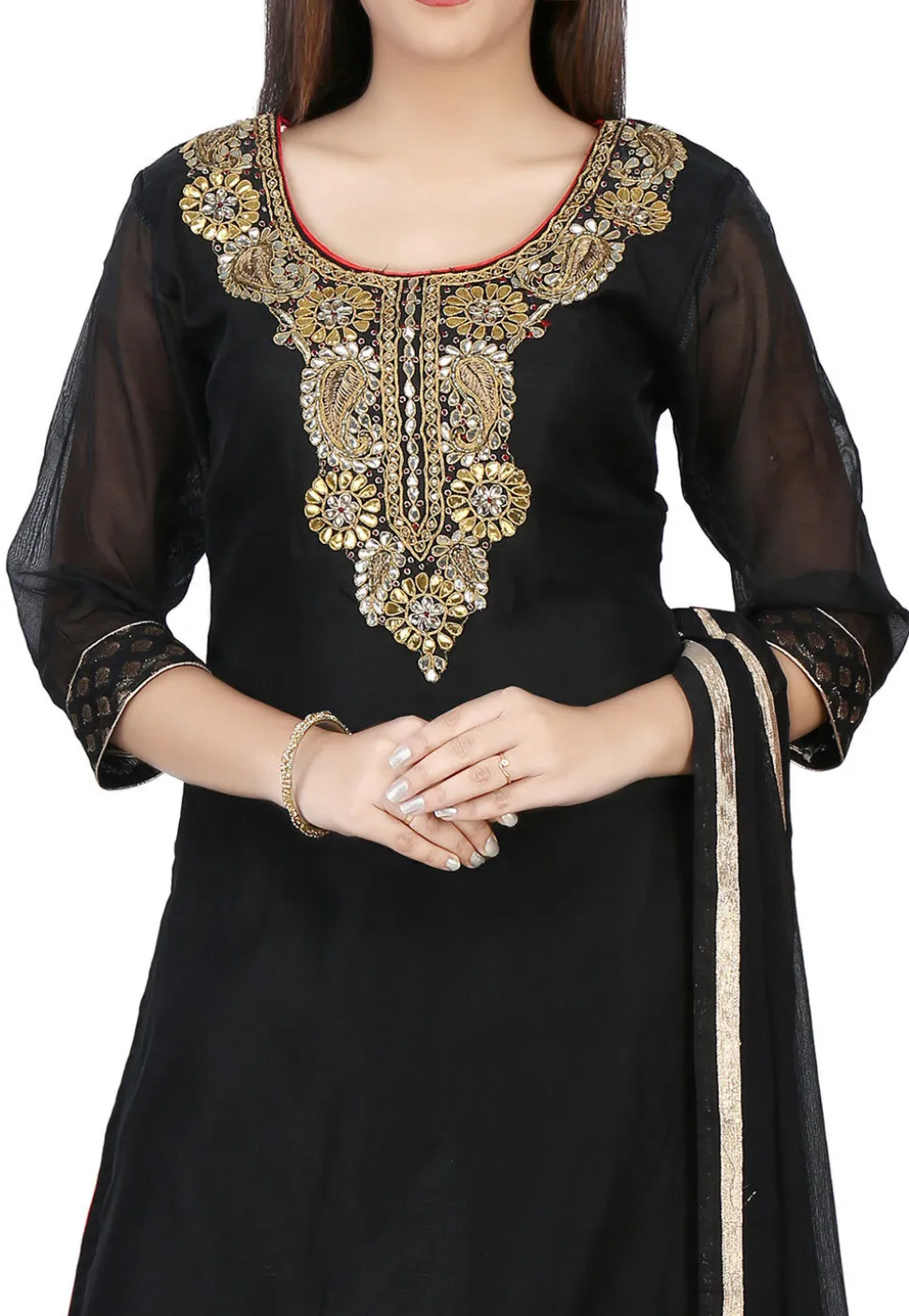 Embroidered Chanderi Cotton A Line Suit in Black
