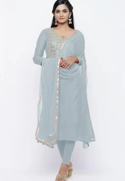 Embroidered Chanderi Cotton Straight cut Suit in Pastel Grey
