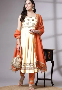 Embroidered Chanderi Cotton Anarkali Suit in Cream