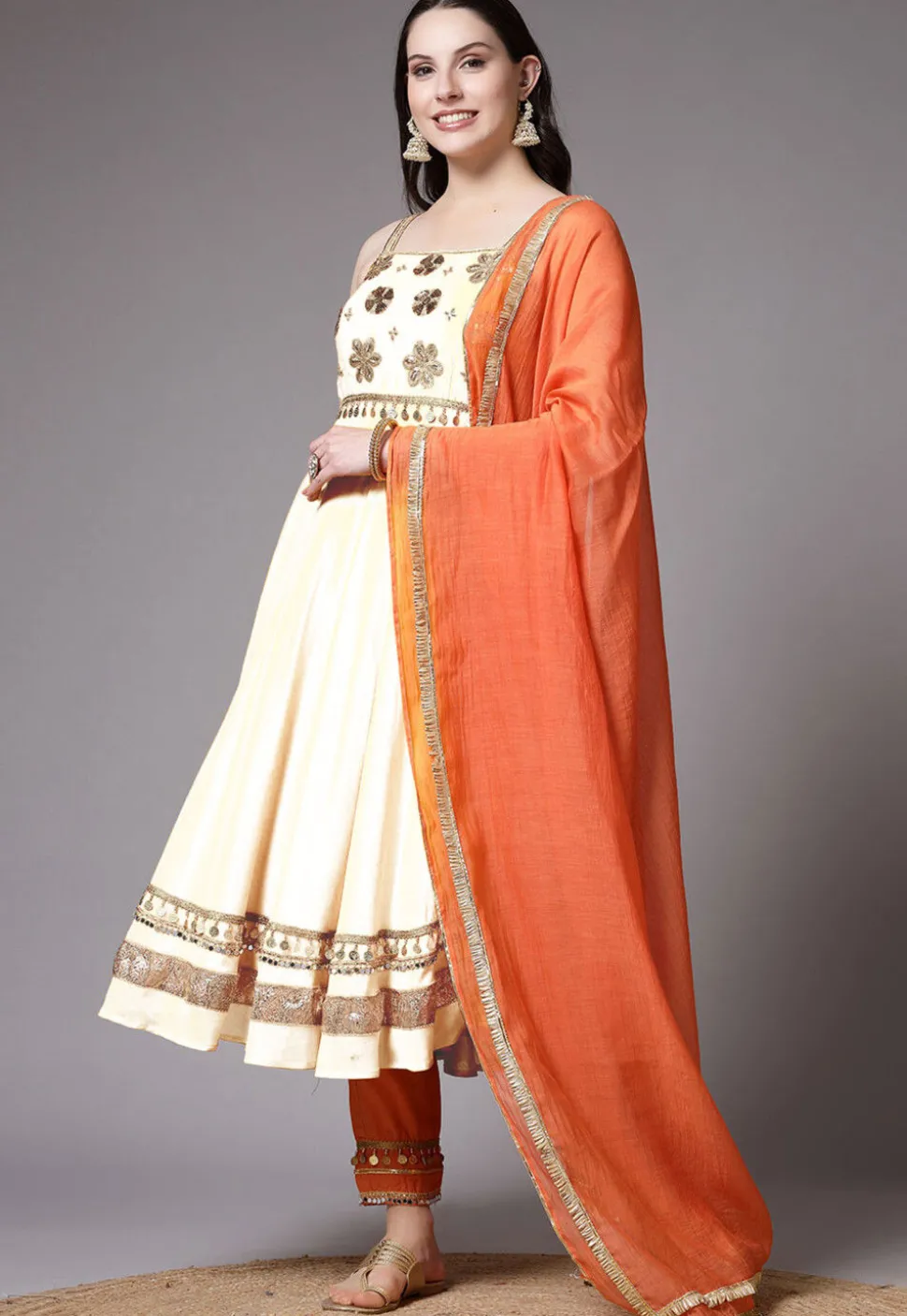 Embroidered Chanderi Cotton Anarkali Suit in Cream