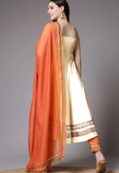 Embroidered Chanderi Cotton Anarkali Suit in Cream