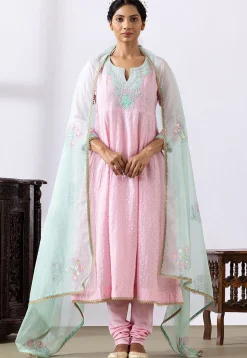 Embroidered Chanderi Cotton Anarkali Suit in Light Pink