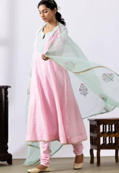 Embroidered Chanderi Cotton Anarkali Suit in Light Pink