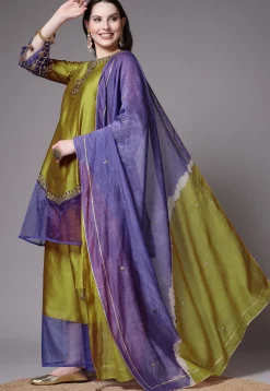Embroidered Chanderi Cotton and Organza Pakistani Suit in Olive Green