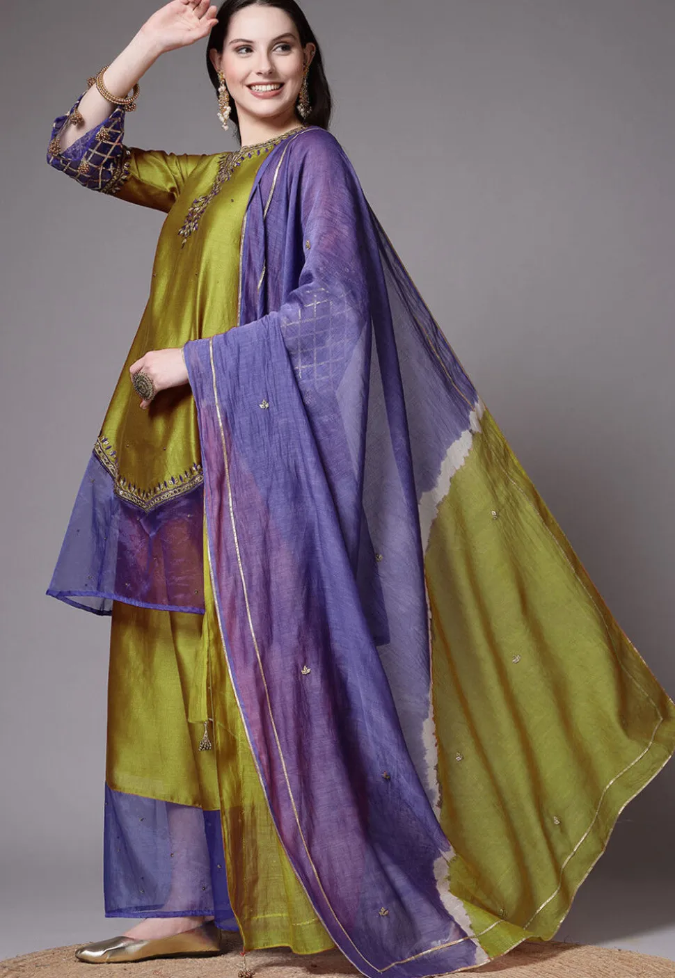 Embroidered Chanderi Cotton and Organza Pakistani Suit in Olive Green
