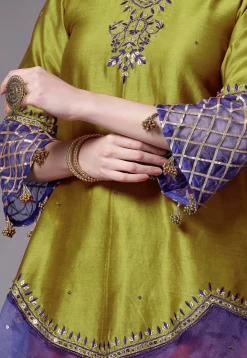 Embroidered Chanderi Cotton and Organza Pakistani Suit in Olive Green