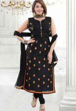 Embroidered Chanderi Cotton Straight Suit in Black