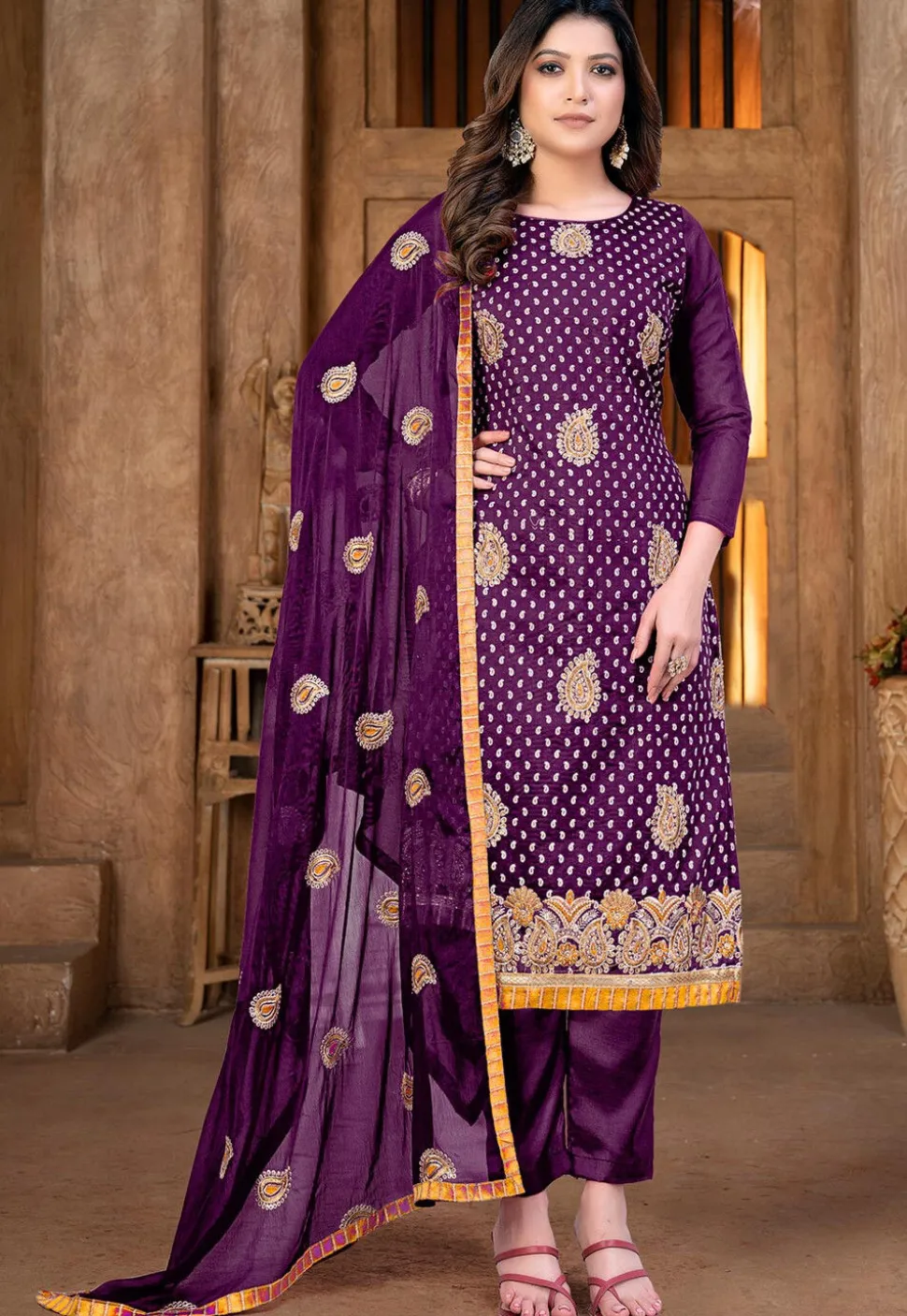 Embroidered Chanderi Cotton Pakistani Suit in Purple