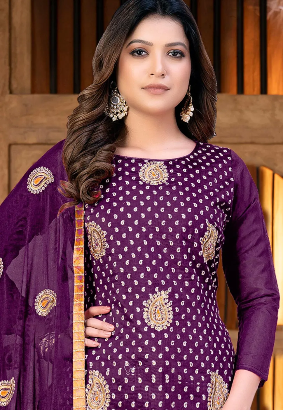 Embroidered Chanderi Cotton Pakistani Suit in Purple