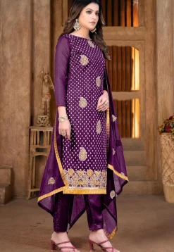 Embroidered Chanderi Cotton Pakistani Suit in Purple