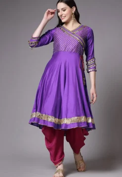 Embroidered Chanderi Cotton Aline Suit in Purple