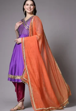 Embroidered Chanderi Cotton Aline Suit in Purple