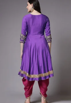 Embroidered Chanderi Cotton Aline Suit in Purple