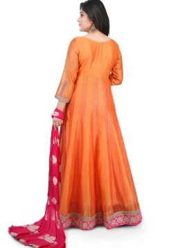 Embroidered Chanderi Cotton Abaya Style Suit in Orange