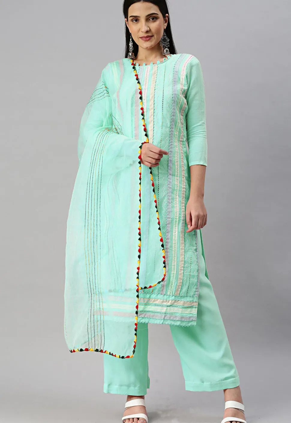 Embroidered Chanderi Cotton Pakistani Suit in Sea Green