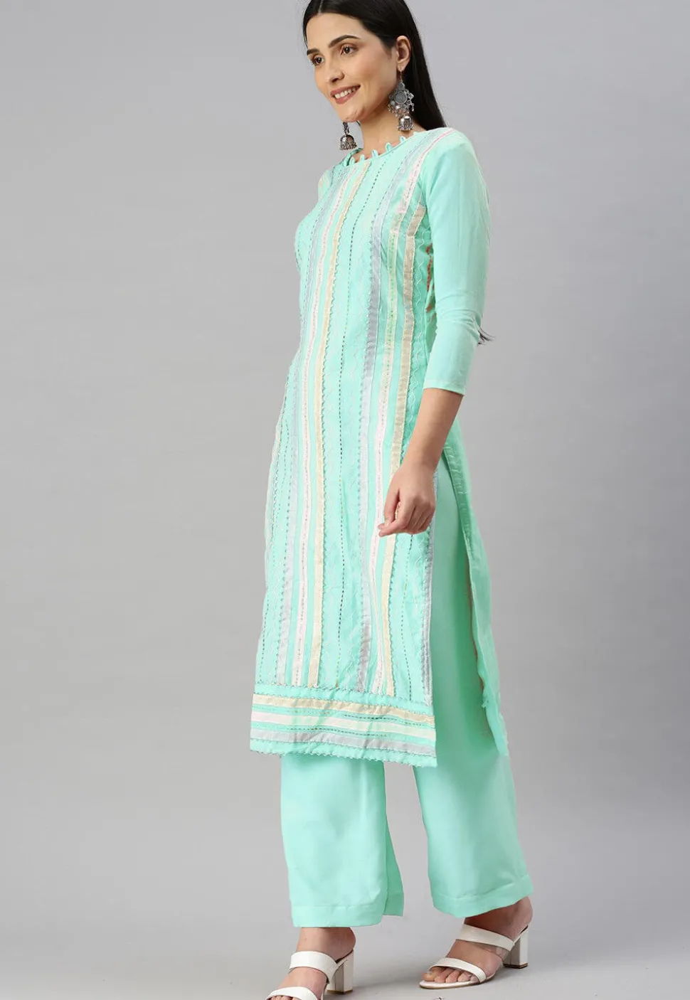 Embroidered Chanderi Cotton Pakistani Suit in Sea Green