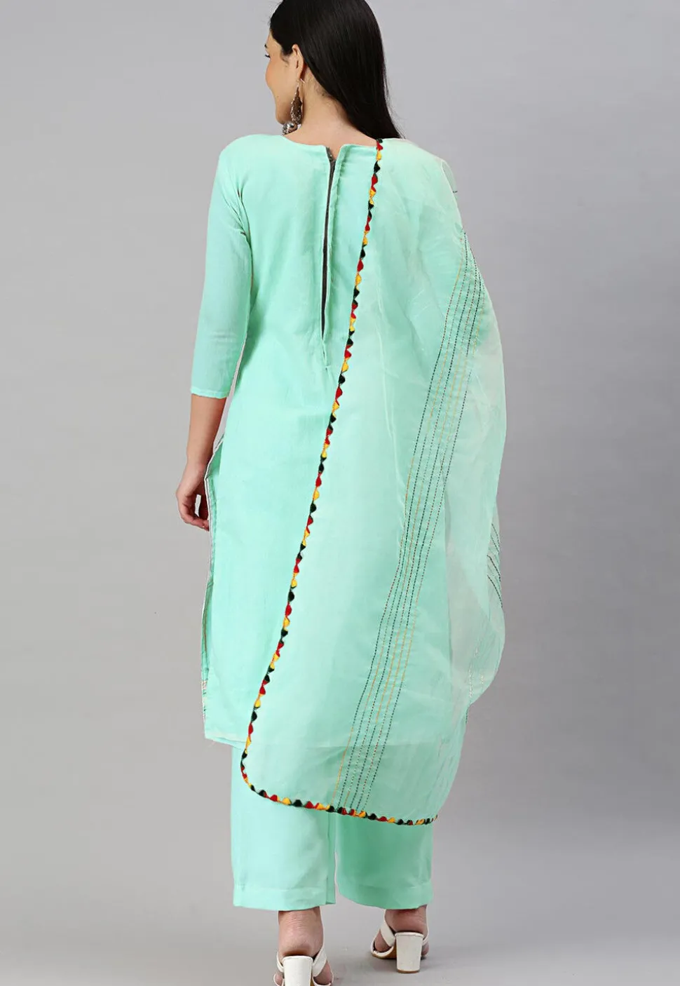 Embroidered Chanderi Cotton Pakistani Suit in Sea Green