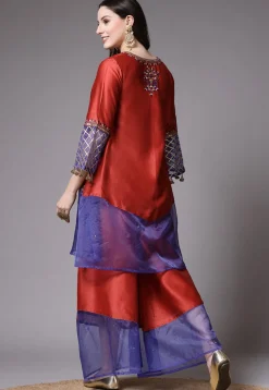Embroidered Chanderi Cotton Pakistani Suit in Red
