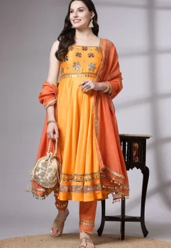 Embroidered Chanderi Cotton Anarkali Suit in Mustard