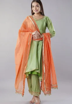 Embroidered Chanderi Cotton Aline Suit in Green
