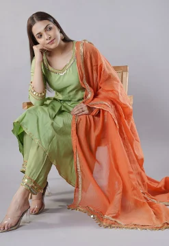 Embroidered Chanderi Cotton Aline Suit in Green