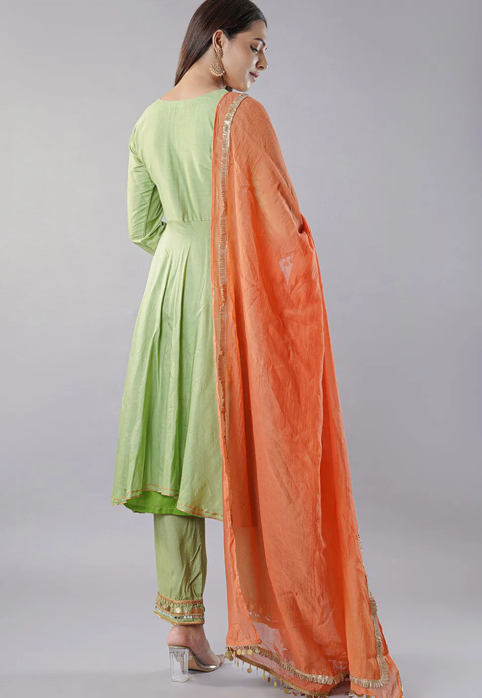 Embroidered Chanderi Cotton Aline Suit in Green