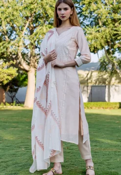 Embroidered Chanderi Cotton Pakistani Suit in Light Peach