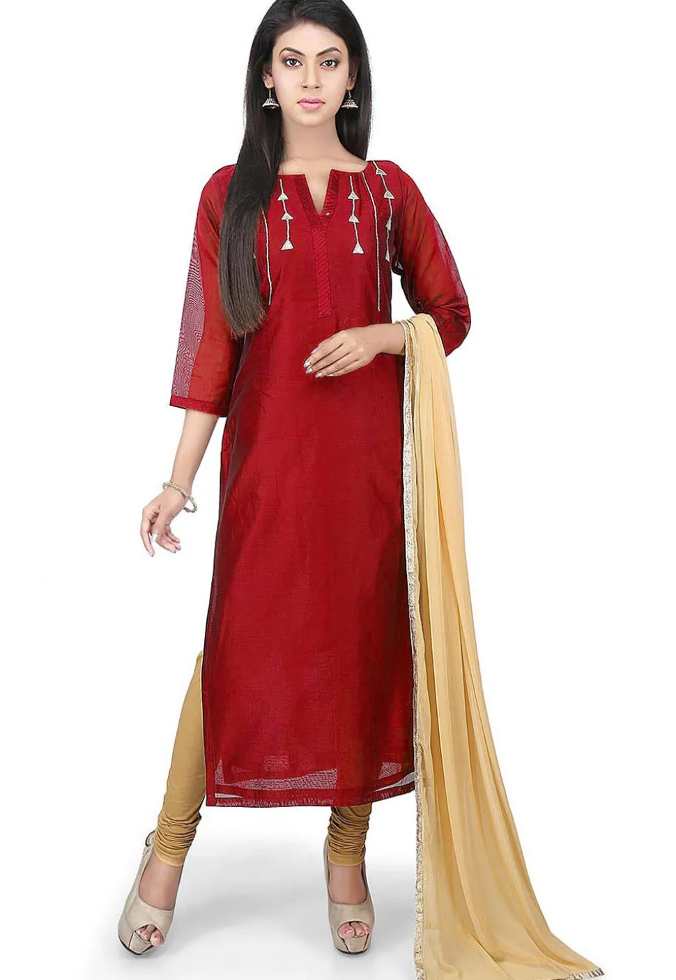 Embroidered Chanderi Cotton Pakistani Suit in Red