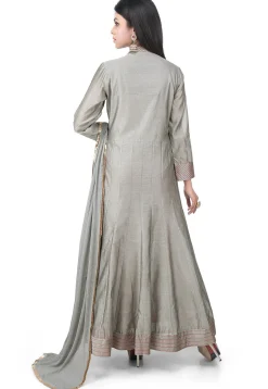 Embroidered Chanderi Cotton Anarkali Suit in Grey