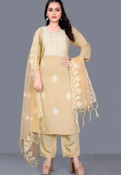Embroidered Chanderi Cotton Pakistani Suit in Beige
