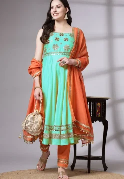 Embroidered Chanderi Cotton Anarkali Suit in Turquoise