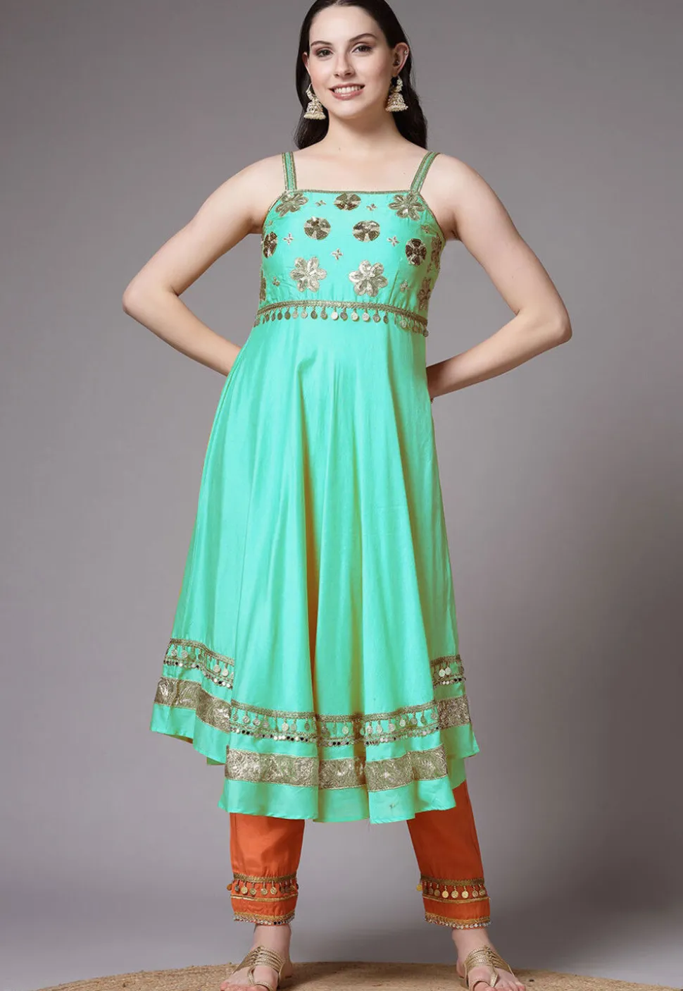 Embroidered Chanderi Cotton Anarkali Suit in Turquoise